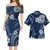 American Samoa Combo Short Sleeve Dress And Shirt White Hibicus Blue Tribal Pattern