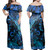 Tahiti Off Shoulder Long Dress Sea Turtle With Blooming Hibiscus Flowers Tribal Blue