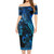 Hawaii Kanaka Maoli Short Sleeve Off The Shoulder Lady Dress Sea Turtle With Blooming Hibiscus Flowers Tribal Blue