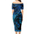 Cook Islands Combo Short Sleeve Dress And Shirt Sea Turtle With Blooming Hibiscus Flowers Tribal Blue