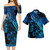 Kosrae Combo Short Sleeve Dress And Shirt Sea Turtle With Blooming Hibiscus Flowers Tribal Blue
