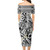 Polynesian Short Sleeve Off The Shoulder Lady Dress Tropical Tribal Turtle With Fish Hook Pure Black