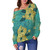 Hawaii Off Shoulder Sweatshirt Golden Hibiscus Turquoise Color Tribal Pattern