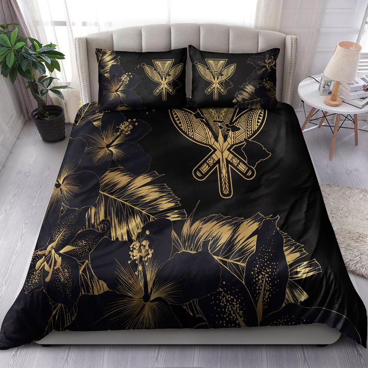 Hawaii Bedding Set - Hibiscus Tropical Hawaii Luxury Gold Bedding Set