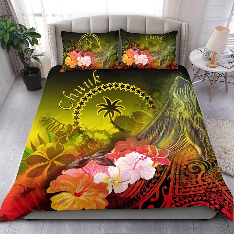 Chuuk Bedding Set - Humpback Whale With Tropical Flowers (Yellow) 1