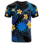 Nauru T-shirt - Custom Personalised Polynesian Waves with Plumeria Flowers (Blue)