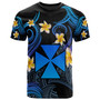 Wallis and Futuna T-shirt - Custom Personalised Polynesian Waves with Plumeria Flowers (Blue)
