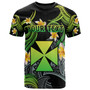 Wallis and Futuna T-shirt - Custom Personalised Polynesian Waves with Plumeria Flowers (Green)