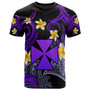 Wallis and Futuna T-shirt - Custom Personalised Polynesian Waves with Plumeria Flowers (Purple)