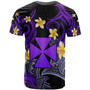 Wallis and Futuna T-shirt - Custom Personalised Polynesian Waves with Plumeria Flowers (Purple)