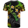 Personalized Kanaka Maoli T-shirt - Hawaii Polynesian Waves with Plumeria Flowers (Reggae)