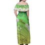 Polynesian Woman Off Shoulder Long Dress - Green Plumeria Polynesian Pattern