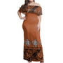 Tonga Brown Tribal Drawing Woman Off Shoulder Long Dress