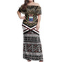 Samoa Off Shoulder Long Dress - Samoa Masi Dobby Coat Of Arms