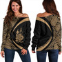 New Caledonia Off Shoulder Sweatshirt Coat Of Arm Lauhala Gold Circle