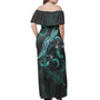 Cook Islands Woman Off Shoulder Long Dress - Cook Islands Coat Of Arms With Turtle Blooming Hibiscus Turquoise