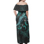 Kosrae Woman Off Shoulder Long Dress - Kosrae Coat Of Arms With Polynesian Turtle Blooming Hibiscus Turquoise