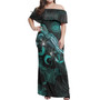 Hawaii Off Shoulder Long Dress - Hawaii Seal With Polynesian Turtle Blooming Hibiscus Turquoise