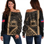 Samoa Off Shoulder Sweatshirt Tribal Polynesian Coat Of Arms Gold