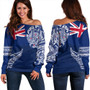 New Zealand Off Shoulder Sweatshirt Aotearoa Maori Tribal Flag With Silver Frern