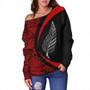 New Zealand Off Shoulder Sweatshirt Silver Fern Maori Flag Lauhala Circle