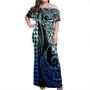 Tonga Woman Off Shoulder Long Dress Coat Of Arms Kakau Style Gradient Blue