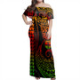 Fiji Woman Off Shoulder Long Dress Coat Of Arms Kakau Style Reggae