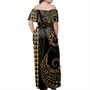 Chuuk State Woman Off Shoulder Long Dress Coat Of Arms Kakau Style Gold
