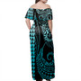 Federated States Of Micronesia Woman Off Shoulder Long Dress Coat Of Arms Kakau Style Turquoise
