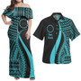 Cook Islands Combo Dress And Shirt - Polynesian Tentacle Tribal Pattern Turquoise