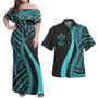 Kosrae Combo Dress And Shirt - Micronesian Tentacle Tribal Pattern Turquoise