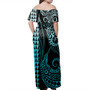 Tokelau Off Shoulder Long Dress Kakau Style Turquoise