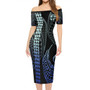 Fiji Short Sleeve Off The Shoulder Lady Dress Kakau Style Gradient Blue