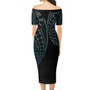 New Caledonia Short Sleeve Off The Shoulder Lady Dress Kakau Style Turquoise