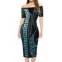 Kosrae Short Sleeve Off The Shoulder Lady Dress Kakau Style Turquoise