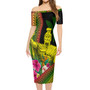 Hawaii Short Sleeve Off The Shoulder Lady Dress King Kamekameha With Tropical Flowers