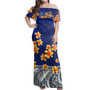 Samoa Woman Off Shoulder Long Dress Plumeria Flower Fabric Design Blue