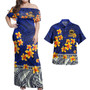 Samoa Combo Dress And Shirt Plumeria Flower Fabric Design Blue