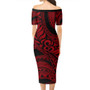 Hawaii Short Sleeve Off The Shoulder Lady Dress Tribal Pattern Polynesian Red