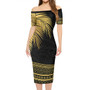 Guam Short Sleeve Off The Shoulder Lady Dress Polynesian Fabric Leaves Gold