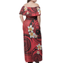 Samoa Off Shoulder Long Dress Plumeria Flowers Tribal Motif Red Version