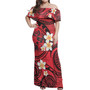 Tonga Off Shoulder Long Dress Plumeria Flowers Tribal Motif Red Version