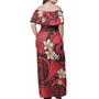 Vanuatu Off Shoulder Long Dress Plumeria Flowers Tribal Motif Red Version