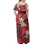 Federated States Of Micronesia Off Shoulder Long Dress Plumeria Flowers Tribal Motif Red Version
