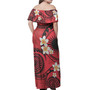 Marshall Islands Off Shoulder Long Dress Plumeria Flowers Tribal Motif Red Version