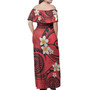 Yap State Off Shoulder Long Dress Plumeria Flowers Tribal Motif Red Version