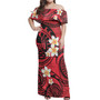 Tahiti Off Shoulder Long Dress Plumeria Flowers Tribal Motif Red Version