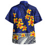 Samoa Combo Short Sleeve Dress And Shirt Plumeria Flower Fabric Design Blue