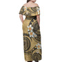 American Samoa Off Shoulder Long Dress Plumeria Flowers Tribal Motif Yellow Version