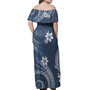 Tokelau Off Shoulder Long Dress White Hibicus Blue Pattern